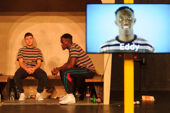 James Russell-Morley (left) and Oseloka Obi tag-team the storytelling of Eddy as a boy and adult.