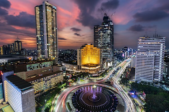 Bundaran HI roundabout, with Hotel Indonesia Kempinski (bottom left), is the city’s most photographed landmark.