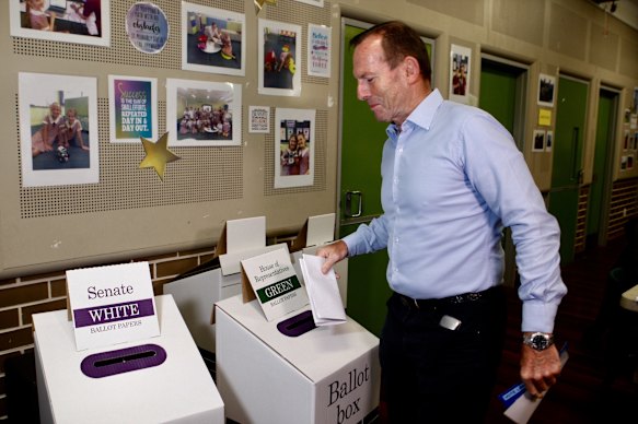 Former Australian prime minister Tony Abbott voting in his electorate of Warringah in 2019.