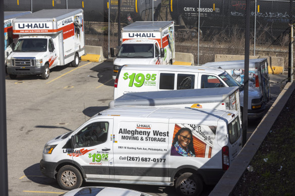 Vehicles are parked at a U-Haul rental in Philadelphia.