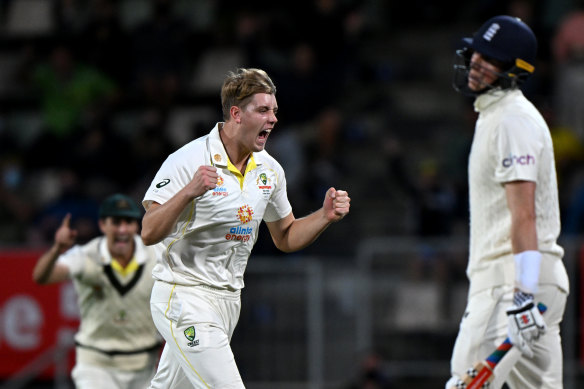 Cameron Green claims the wicket of  Zak Crawley.