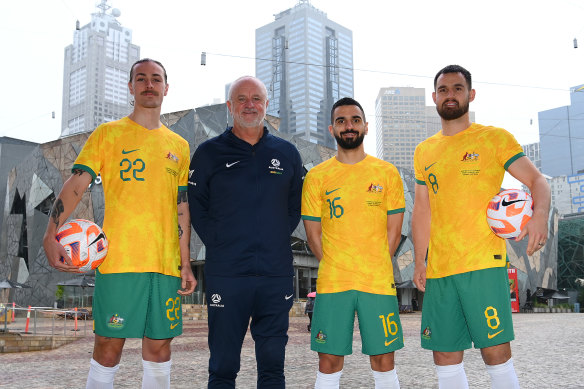 Jackson Irvine, Graham Arnold, Aziz Behich and Bailey Wright at Federation Square.
