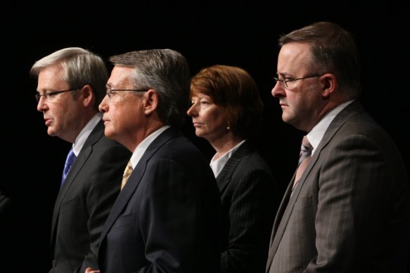 Step back to 2008: Prime minister Kevin Rudd, treasurer Wayne Swan, deputy prime minister Julia Gillard and Anthony Albanese as minister for infrastructure, transport, regional development and local government.