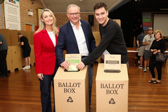 Jodie Haydon, Prime Minister Anthony Albanese and Nathan Albanese vote at the Marrickville West Public School in Sydney on Saturday.