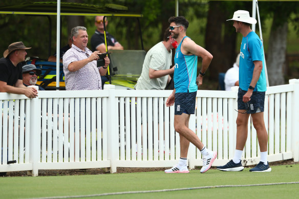 Stuart Broad and James Anderson talk with fans during Tuesday’s intra-squad match – it was as close as any outsiders got all day.