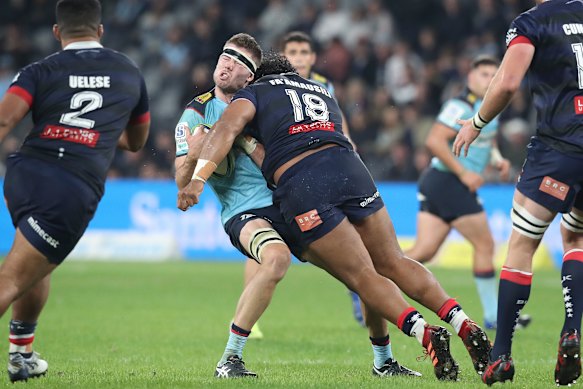 Pone Fa’amausili of the Rebels was sent off for this shoulder on head tackle.