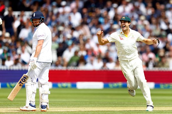 Pat Cummins celebrates as Jonny Bairstow is stumped during the Lord’s Test of 2023. 