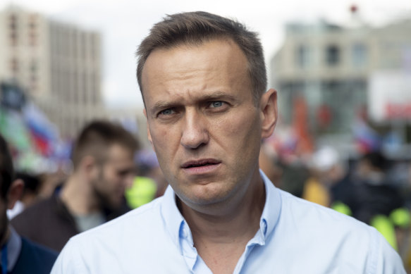 Opposition activist Alexei Navalny at a protest in Moscow, Russia in 2019.