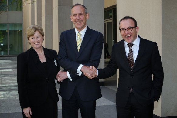 Former Greens leaders Christine Milne and Bob Brown with current leader Adam Bandt in 2011.  
