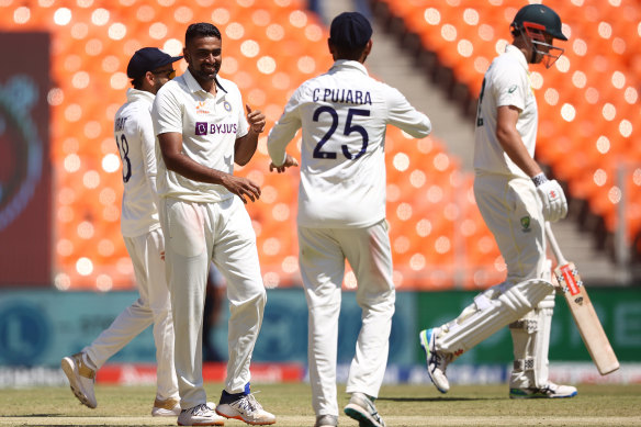 Ravichandran Ashwin of India celebrates taking the wicket of Cameron Green. Alex Carey was next.