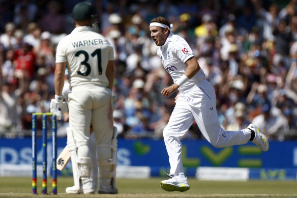 Stuart Broad claims David Warner’s wicket again, in the third Test at Headingley.