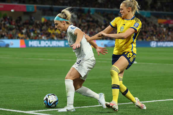 Julie Ertz of team USA controls the ball.