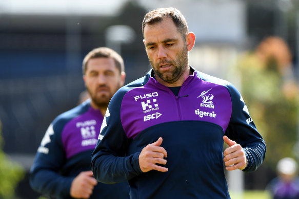 Melbourne Storm captain Cameron Smith during a training session at Gosch’s Paddock in the lead-up to tonight’s preliminary final.