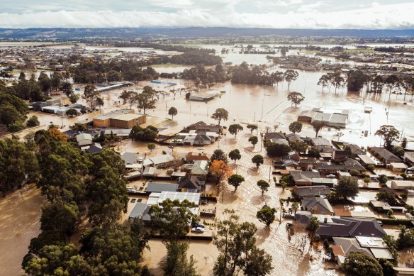 An aerial view of flooding in the township of Traralgon in Gippsland. 