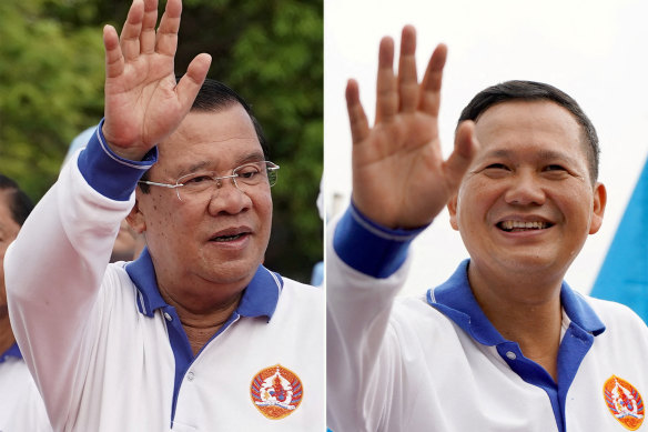 Goodbye and hello: Cambodia’s longtime ruler Hun Sen, left, has passed on the prime ministership to his son Hun Manet, right. 