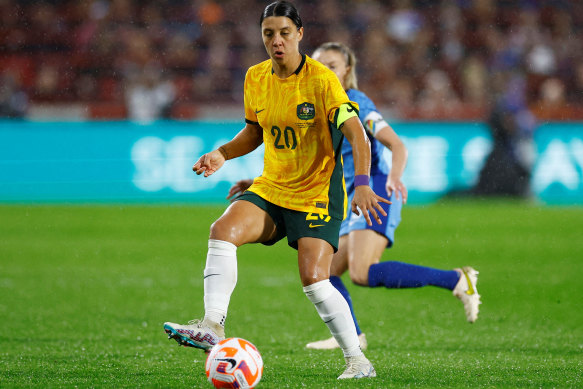 Matildas skipper Sam Kerr in action against England during a friendly match in April.