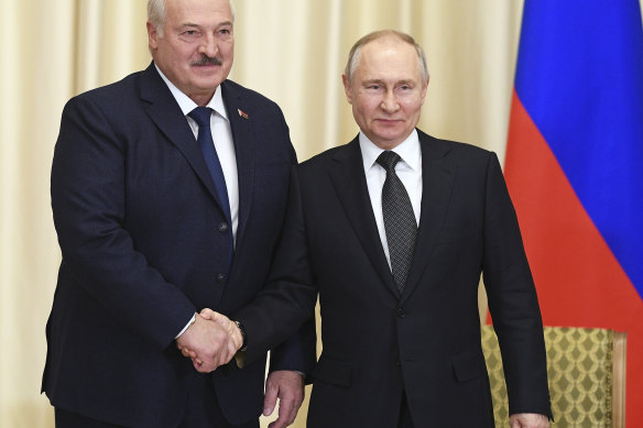 Russian President Vladimir Putin and Belarusian President Alexander Lukashenko at a meeting outside Moscow in February.