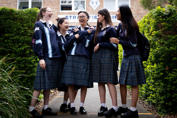 Strathfield Girls' students Annabel Knight, Gina Lee, Jenny Yang, Devika Coleman and Sela Deng were glad to finish the first English exam.