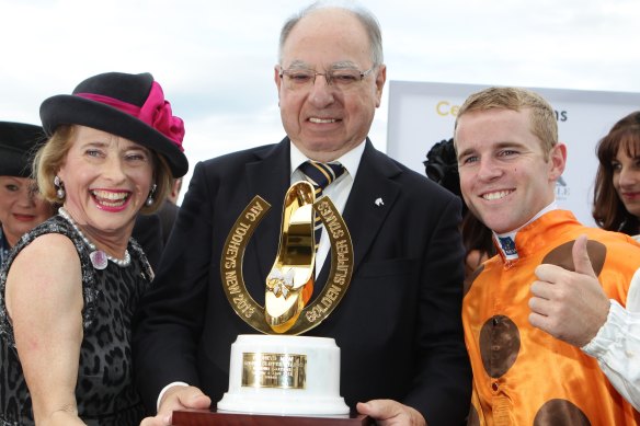 George Altomonte with Tommy Berry and Gai Waterhouse after Overreach’s Golden Slipper win in 2013.
