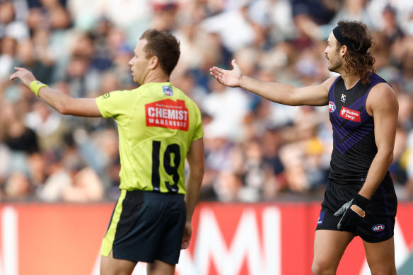 Fremantle’s James Aish watches his team squander its lead in Saturday’s game against Carlton.
