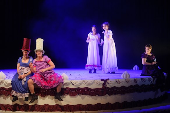 Bloomshed’s Pride and Prejudice takes place on a stage that looks like a cake. 