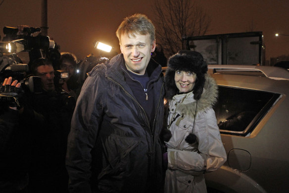 Russian opposition leader Alexei Navalny, left, and his wife Yulia when he was released from prison in 2011.