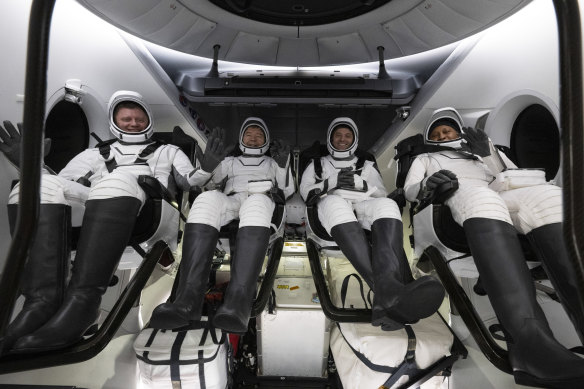 SpaceX launched the four – (l-r) Russia’s Alexander Grebenkin and NASA’s Michael Barratt, Matthew Dominick and Jeanette Epps – in March.