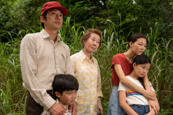 Two acting nominations: Steven Yeun with (from left) Alan S. Kim, Yuh-Jung Youn, Yeri Han and Noel Cho in Minari.
