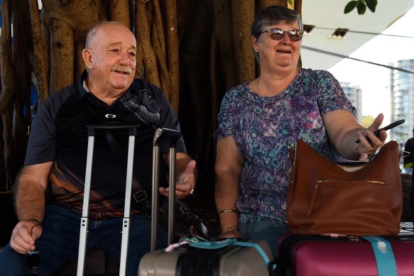 Trevor Spencer, 75 with his wife Julie after disembarking from the Ruby Princess on Thursday.