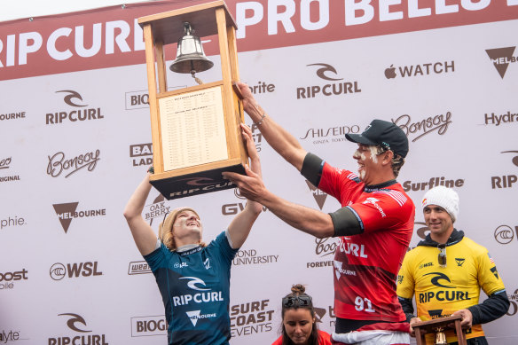 Bells Beach Pro champions Caity Simmers and Cole Houshmand with the trophy.