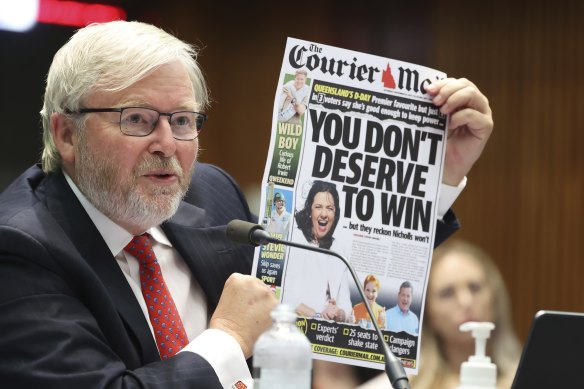 Kevin Rudd at a Senate hearing on media diversity in Australia earlier this year. He will use a second appearance to call for the media watchdog to be abolished after Sky News broadcast views denying the existence of the COVID-19 pandemic.