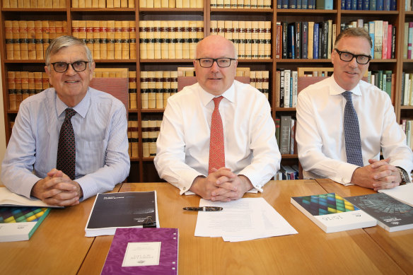 George Brandis, then attorney-general, with (left) John Pascoe and  (right) William Alstergren in Canberra on October 12, 2017. 