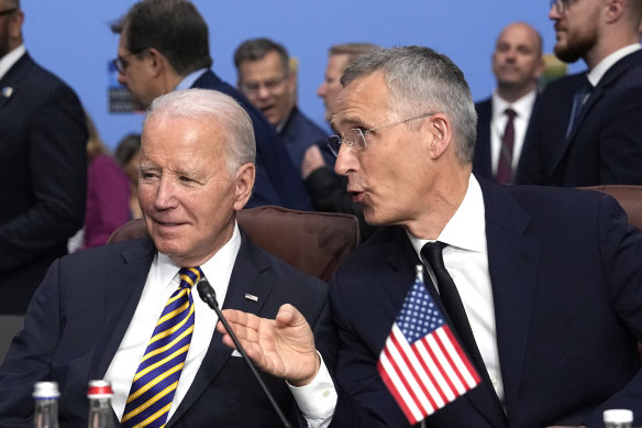 US President Joe Biden and NATO Secretary General Jens Stoltenberg at a meeting of the NATO-Ukraine Council in Vilnius in July 2023.
