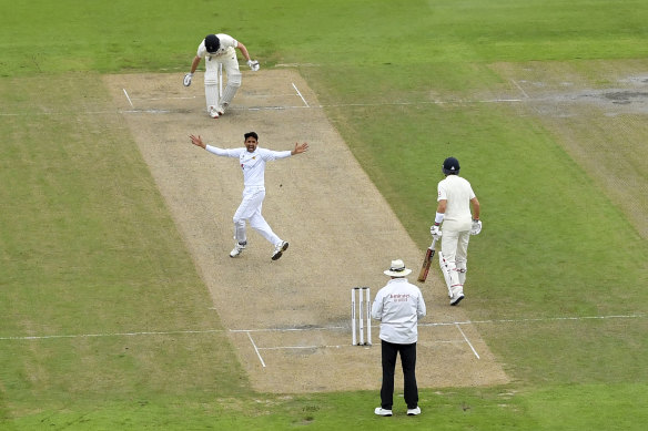 Mohammad Abbas successfully appears for the wicket of England's Dom Sibley at Old Trafford.