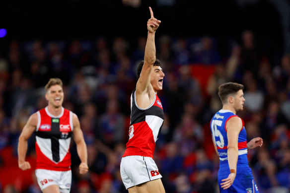 St Kilda’s newcomer Anthony Caminiti celebrates a goal in the win over the Bulldogs on Saturday night. 