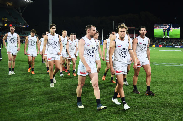 The Blues walk off Adelaide Oval dejected after losing there in round 20 last year.