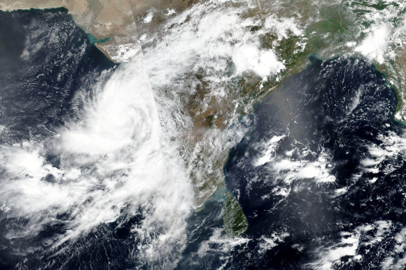 This Tuesday, June 2, 2020, satellite image released by NASA shows cyclone Nisarga roaring toward the western coast of India. 