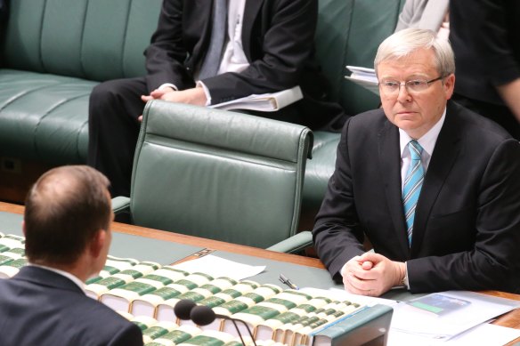The opposition leader Tony Abbott faces off against prime minister Kevin Rudd in 2013. Abbott “seemed to relish standing athwart history yelling stop”.
