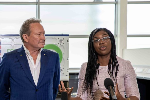 Andrew Forrest, executive chairman of Fortescue Metals Group, with UK trade secretary Kemi Badenoch as they tour the Fortescue-owned WAE facility at Grove, Oxfordshire.