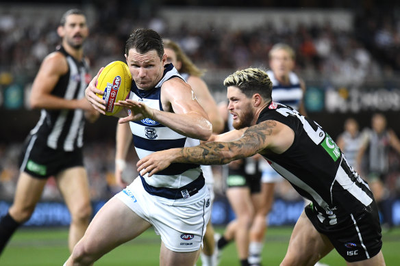 X-factor: Patrick Dangerfield in action against the Pies.