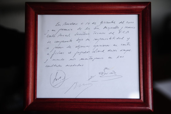 A framed copy of the napkin linking a 13-year-old Lionel Messi to Barcelona