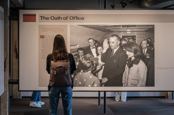 A museum exhibit – Lyndon B. Johnson is sworn in as US President with JFK’s widow, Jackie Kennedy, at his side.