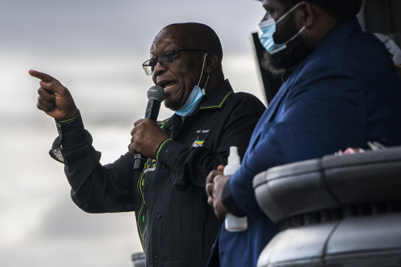Former South African president Jacob Zuma addresses his supporters at his home in Nkandla, KwaZulu-Natal Natal Province, on Sunday.