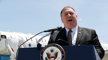 US Secretary of State Mike Pompeo speaks to the media at Andrews Air Force Base on Sunday.