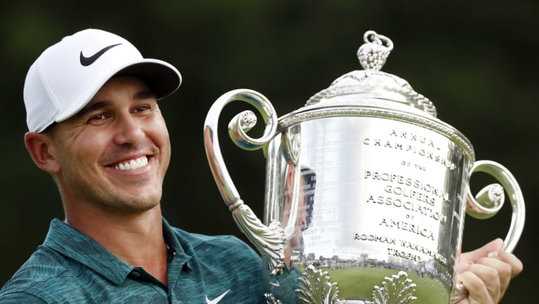 Great year: Brooks Koepka holds the Wanamaker Trophy after he won the PGA Championship.