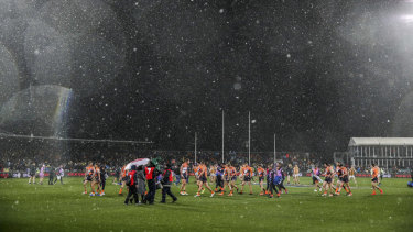 Snow falls on Manuka Oval. 