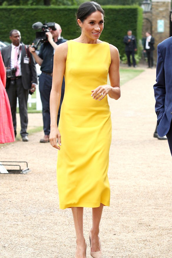 Hello, yellow ... Meghan, the Duchess of Sussex, wearing a Brandon Maxwell dress at an event in London on Thursday.