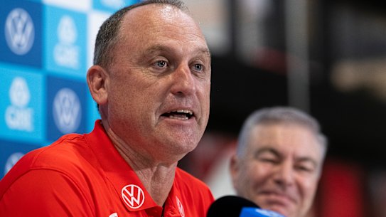 John Longmire at his press conference to announce he was quitting as Swans coach, effective immediately.