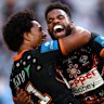 Tigers winger Sunia Turuva celebrates his try against Manly.