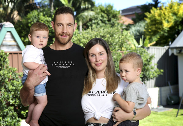 King of the kids: Shane Mumford with partner Eva and children Theo and Ollie in 2019. 